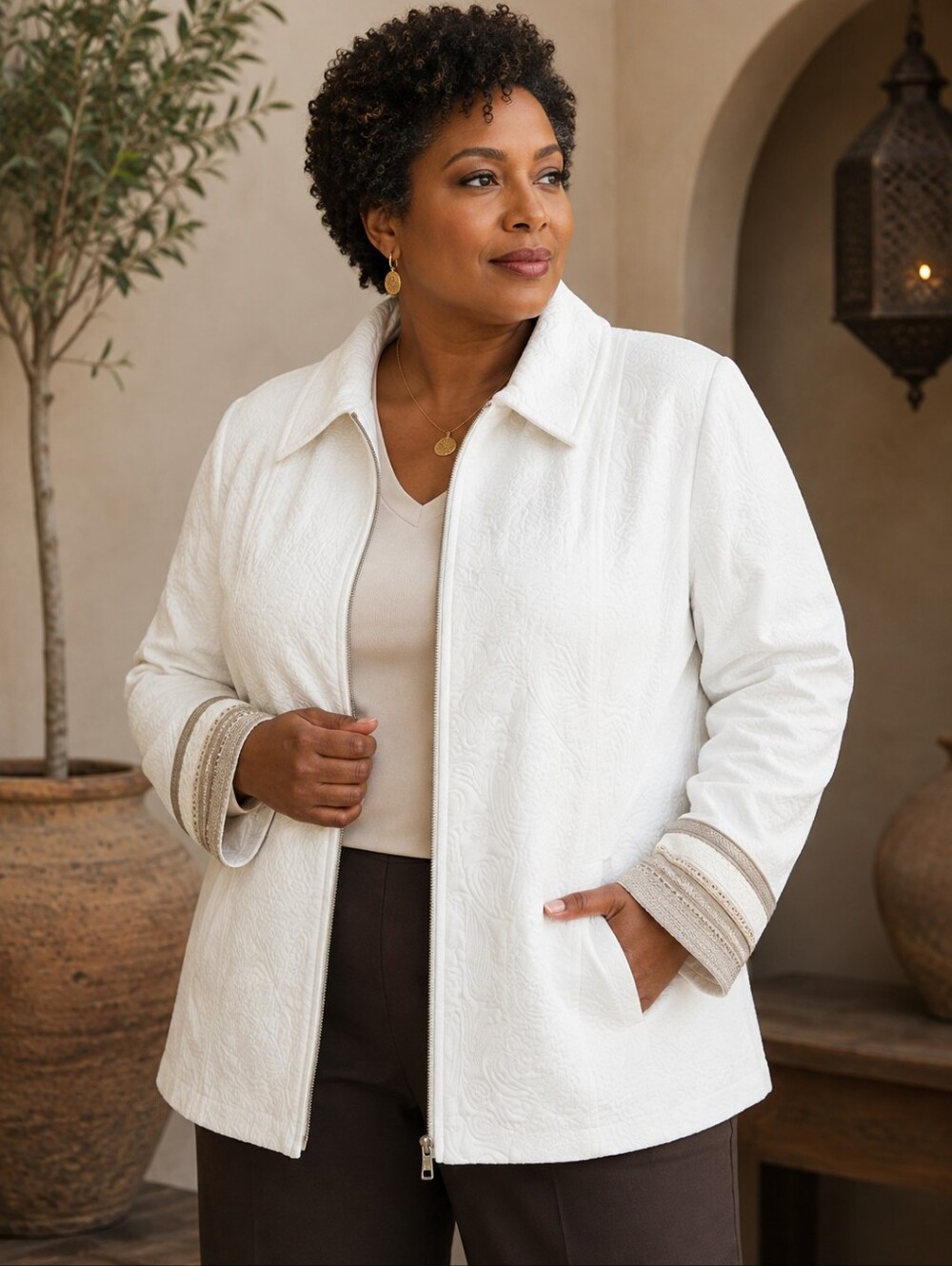 Madison Avenue Collections By Dennis Basso Ivory Quilted Zip-Front Jacket